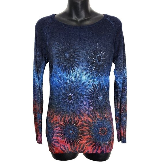 Desigual Sweater Womens XS Blue Red Metallic Floral Lightweight Knit Rhinestone - Picture 1 of 9